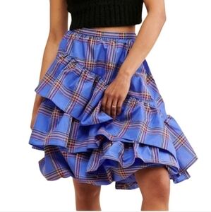 Maeve Blue And Multicolor Plaid Tiered Ruffle Taffeta Bubble Skirt Size 2